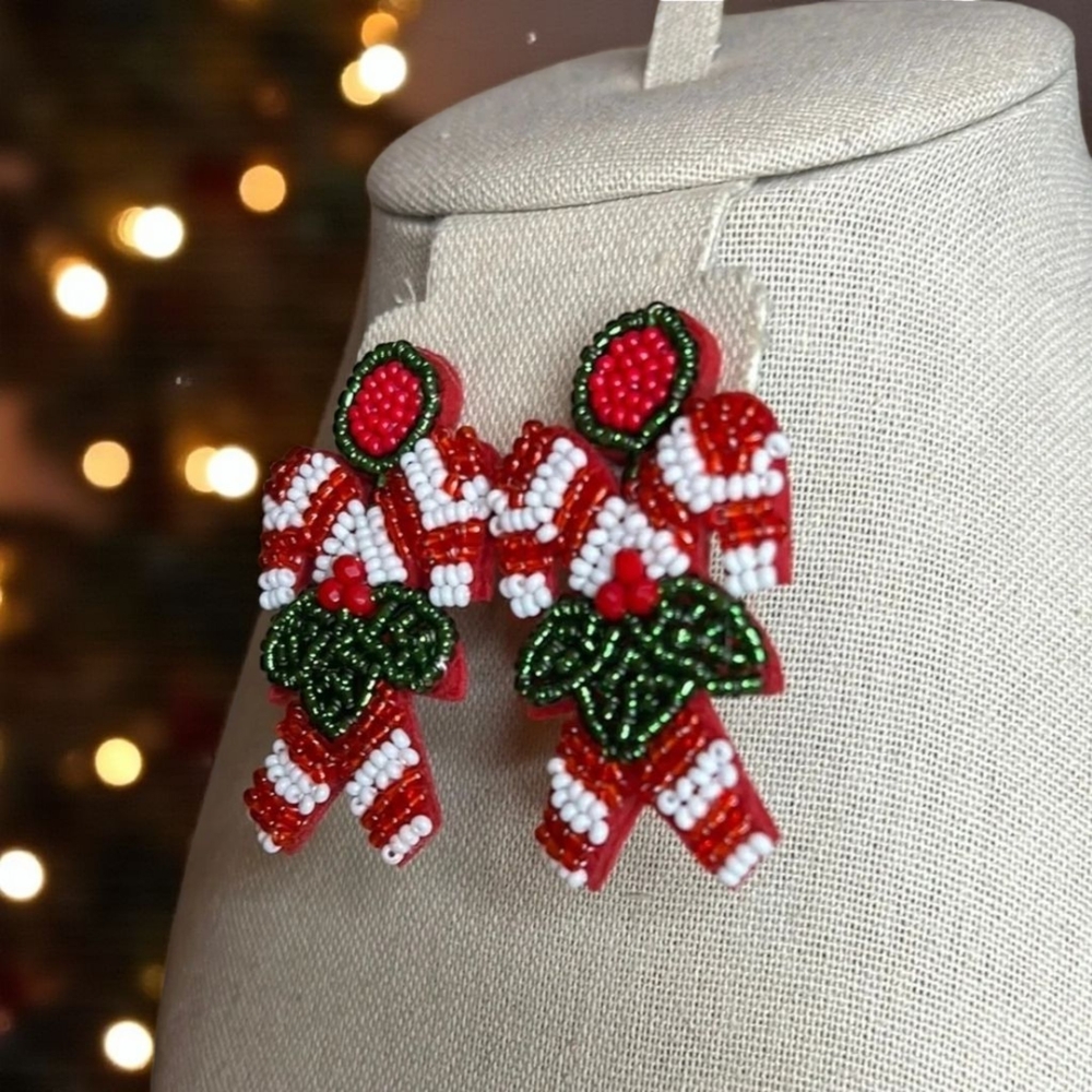 Festive Beaded Candy Cane Earrings - Picture 3 of 3